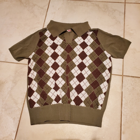 Olive & Brown Argyle Short Collared Top - Picture 2 of 8